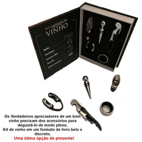 Kit Vinho Abridor Dosador Saca Rolhas Tampa Livro - 05 Peças