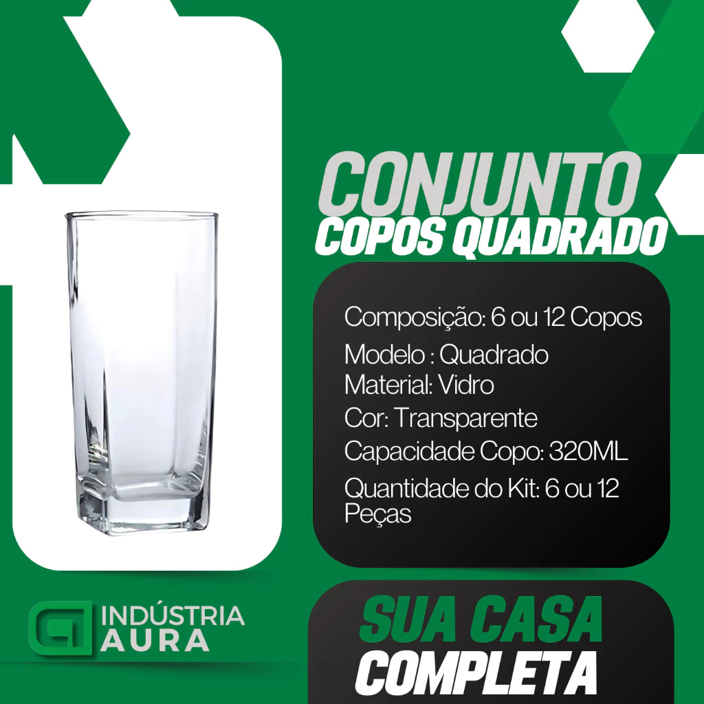 Jogo De 12 Copos Vidro Bali Quadrado Luxo Transparente 320ml