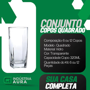 Jogo De 12 Copos Vidro Bali Quadrado Luxo Transparente 320ml