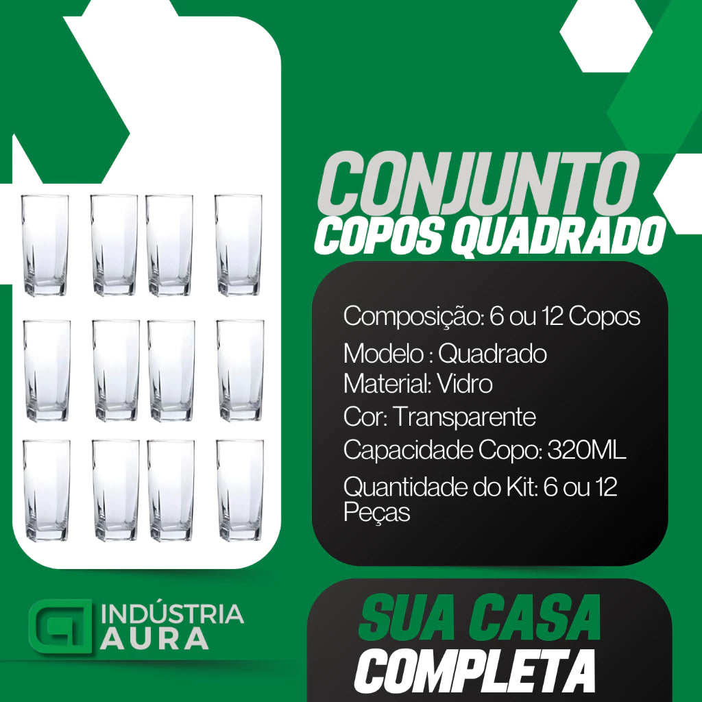 Jogo De 12 Copos Vidro Bali Quadrado Luxo Transparente 320ml