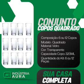 Jogo De 12 Copos Vidro Bali Quadrado Luxo Transparente 320ml