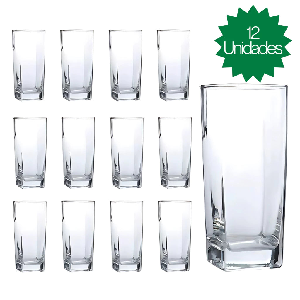 Jogo De 12 Copos Vidro Bali Quadrado Luxo Transparente 320ml